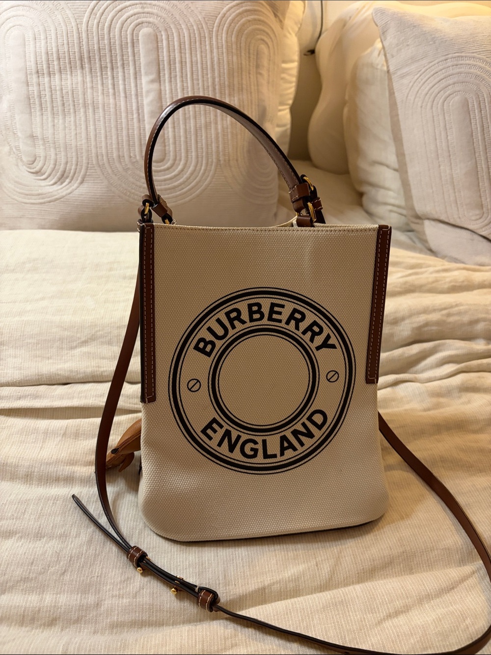 Burberry Cream Canvas Shoulder Bag with Brown Leather Trim